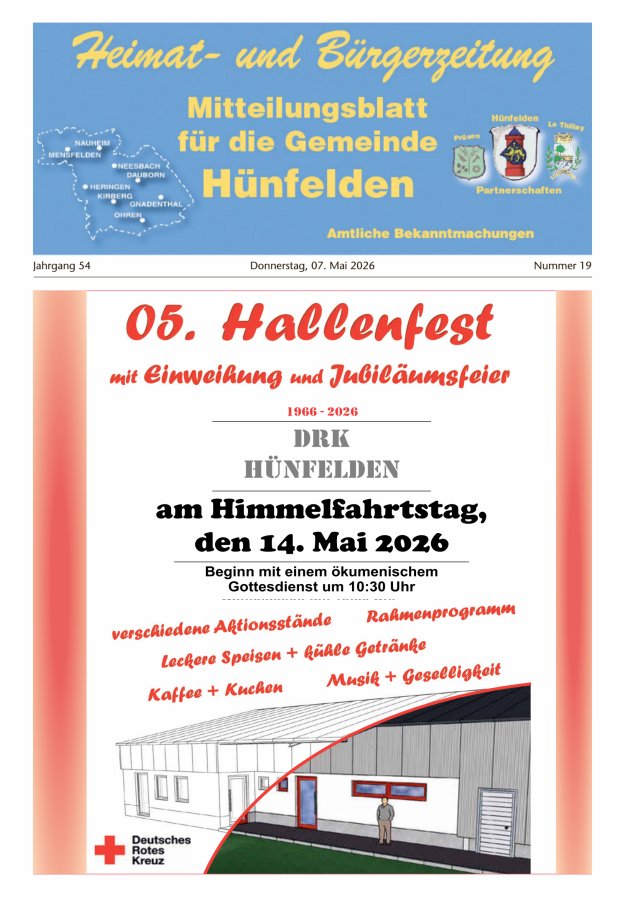 Mitteilungsblatt für die Gemeinde Hünfelden Titelblatt 19/2026
