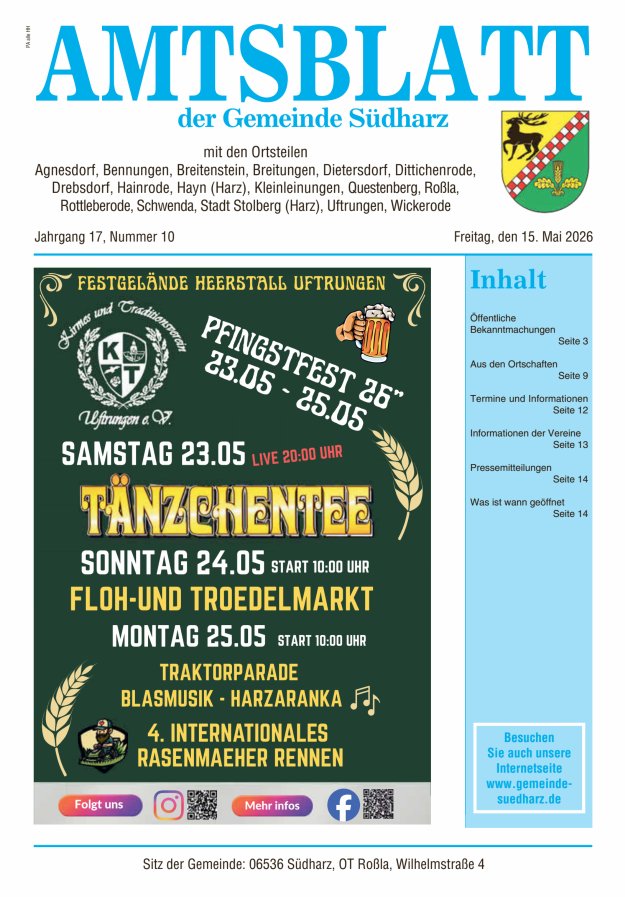 Amtsblatt der Gemeinde Südharz Titelblatt 10/2026
