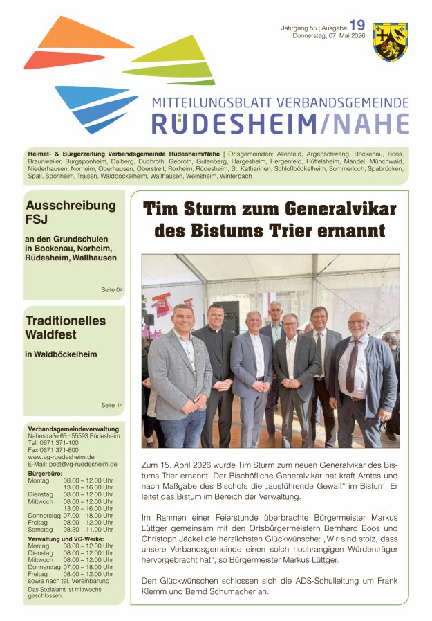 Mitteilungsblatt Verbandsgemeinde Rüdesheim und zugehörige Ortsgemeinden Titelblatt 19/2026