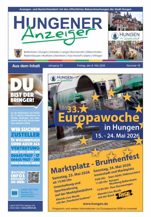 Anzeigen- und Nachrichtenblatt mit den öff  Bekanntmachungen der Stadt Hungen Titelblatt 19/2026
