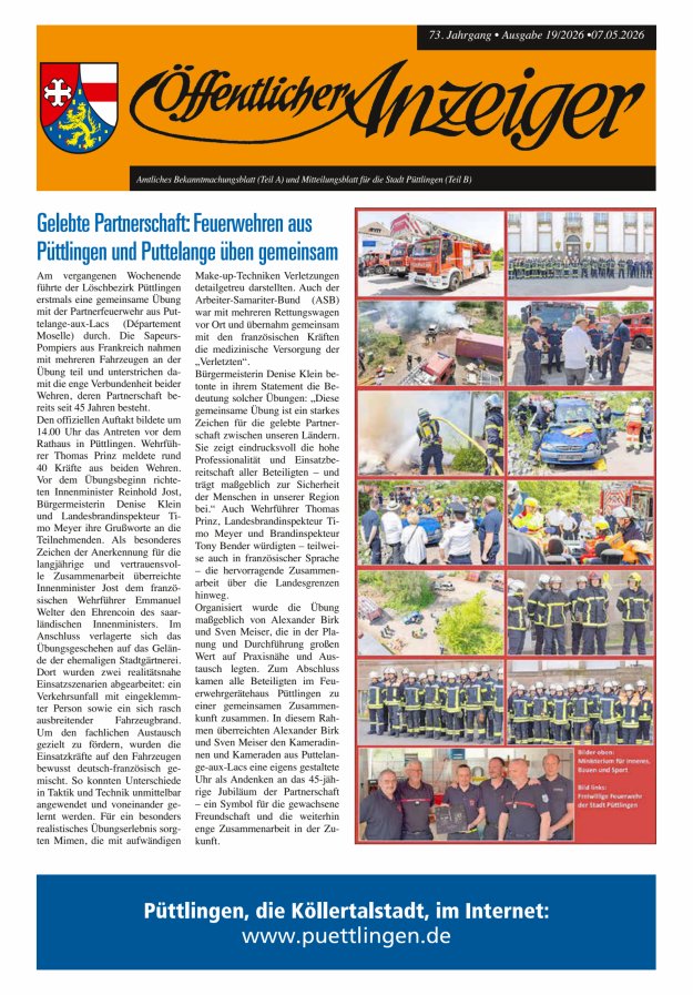 Öffentlicher Anzeiger - Stadt Püttlingen Titelblatt 19/2026