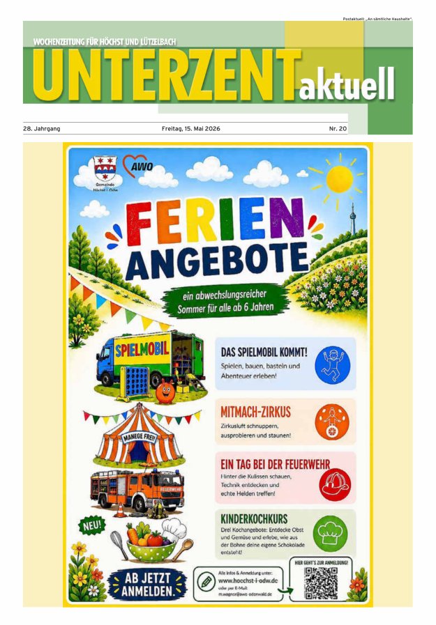 Unterzent aktuell Wochenzeitung für Höchst und Lützelbach Titelblatt 20/2026