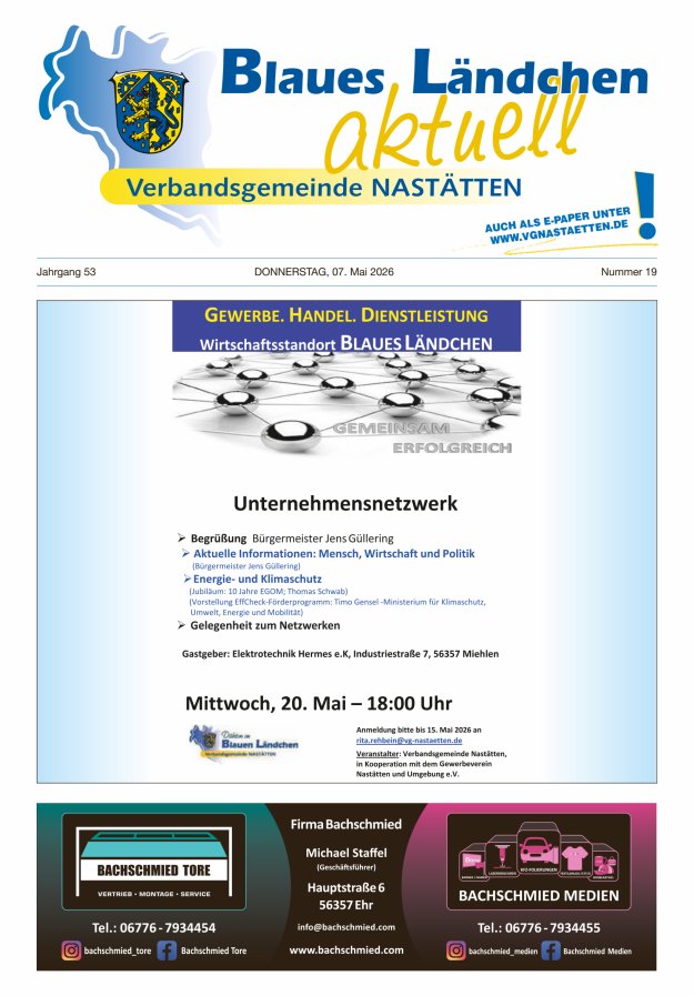 Blaues Ländchen aktuell - Heimat- u Bürgerzeitung VG Nastätten Titelblatt 19/2026