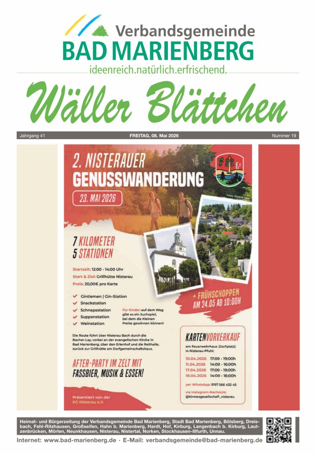 Wäller Blättchen - Verbandsgemeinde Bad Marienberg Titelblatt 19/2026