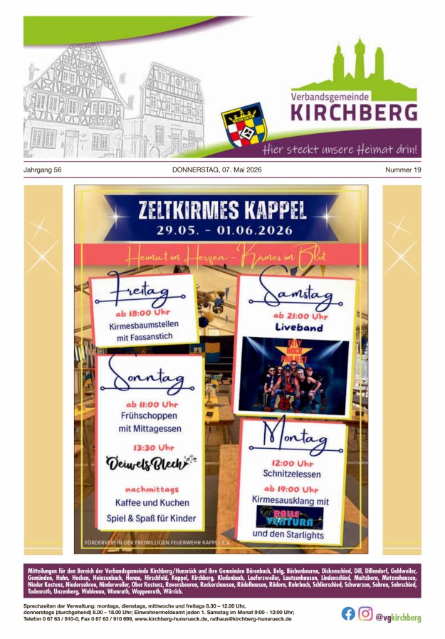 Mitteilungen der Verbandsgemeinde Kirchberg Hunsrück Titelblatt 19/2026