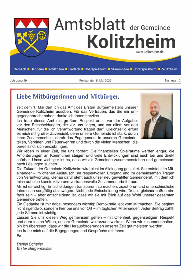 Amtsblatt der Gemeinde Kolitzheim Titelblatt 10/2026