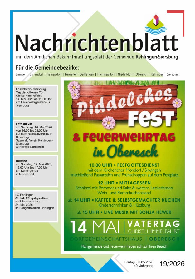 Nachrichtenblatt Rehlingen-Siersburg Titelblatt 19/2026