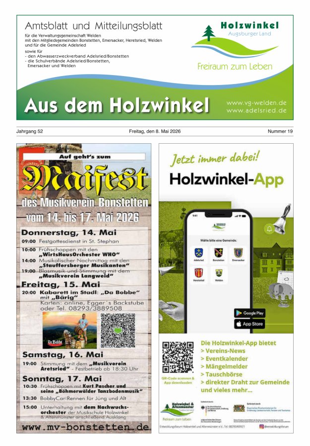 Aus dem Holzwinkel Amtsblatt u Mitteilungsblatt f VG Welden u GemAdelsried Titelblatt 19/2026