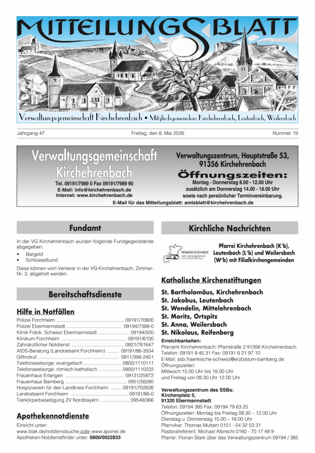 Mitteilungsblatt Verwaltungsgemeinschaft Kirchehrenbach Titelblatt 19/2026