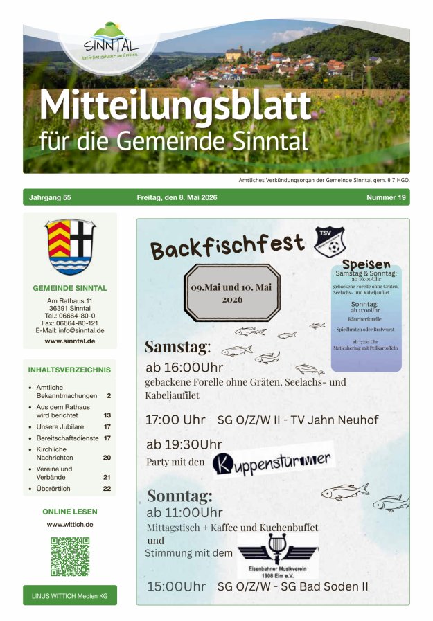 Mitteilungsblatt für die Gemeinde Sinntal Titelblatt 19/2026