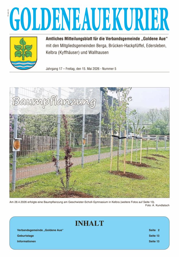 Goldene Aue Kurier – Amtliches Mitteilungsblatt für die Verbandsgemeinde "Goldene Aue" Titelblatt 05/2026
