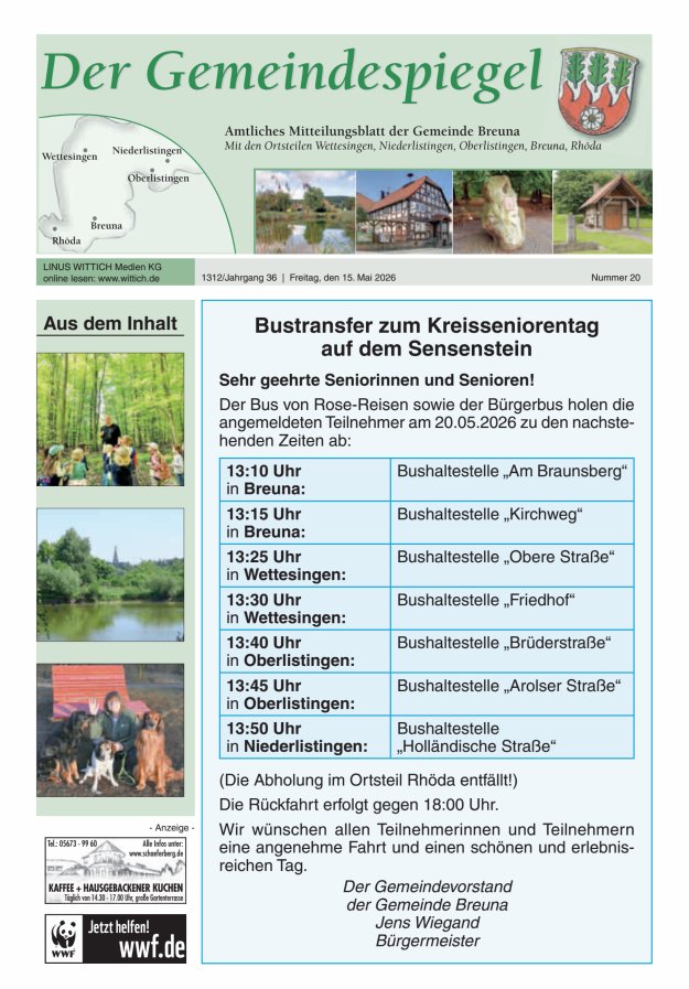 Der Gemeindespiegel (Breuna) Titelblatt 20/2026