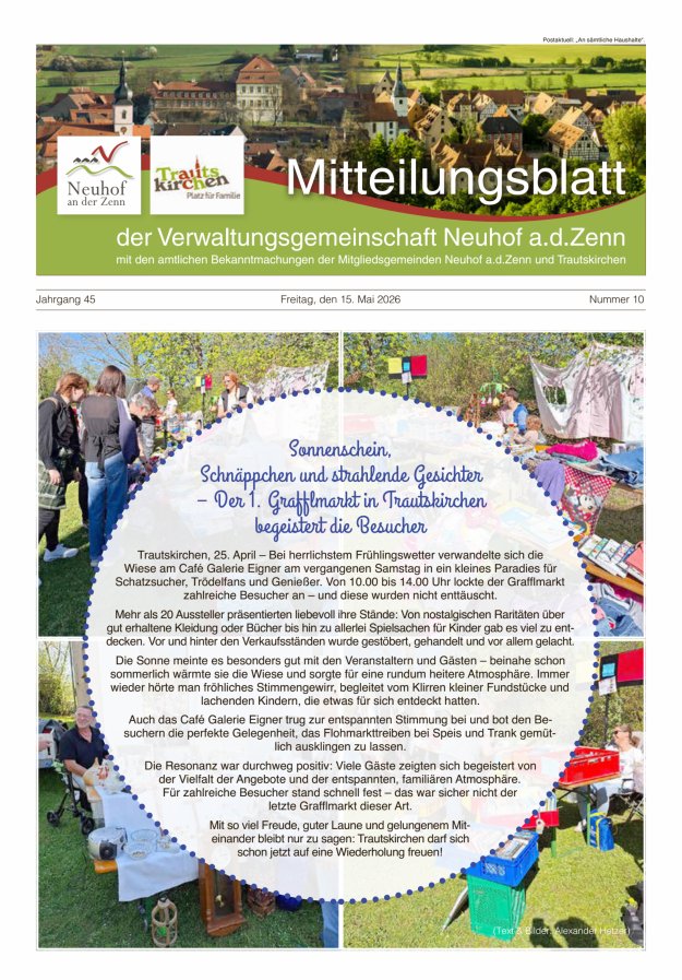 Mitteilungsblatt der Verwaltungsgemeinschaft Neuhof an der Zenn mit den amtlichen Bekanntmachungen der Mitgliedsgemeinden Neuhof an der Zenn und Trautskirchen Titelblatt 10/2026