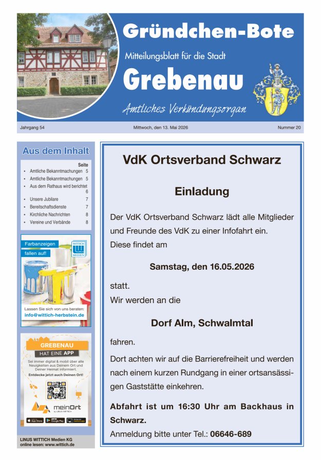 Grebenau - Gründchen Bote - Mitteilungsblatt für die Stadt Grebenau Titelblatt 20/2026
