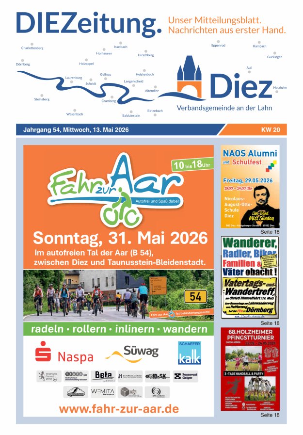 DIEZeitung - Mitteilungsblatt der Verbandsgemeinde Diez  Titelblatt 20/2026