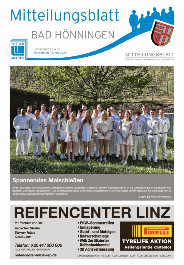 Mitteilungsblatt für den Bereich der Verbandsgemeinde Bad Hönningen Titelblatt 20/2026