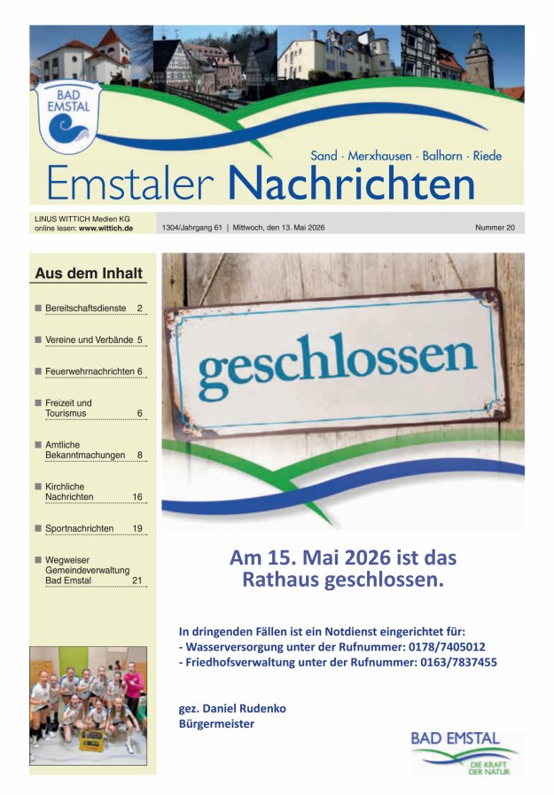 Emstaler Nachrichten Titelblatt 20/2026
