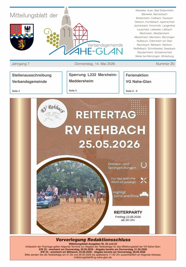 Mitteilungsblatt für die Verbandsgemeinde Nahe-Glan Titelblatt 20/2026