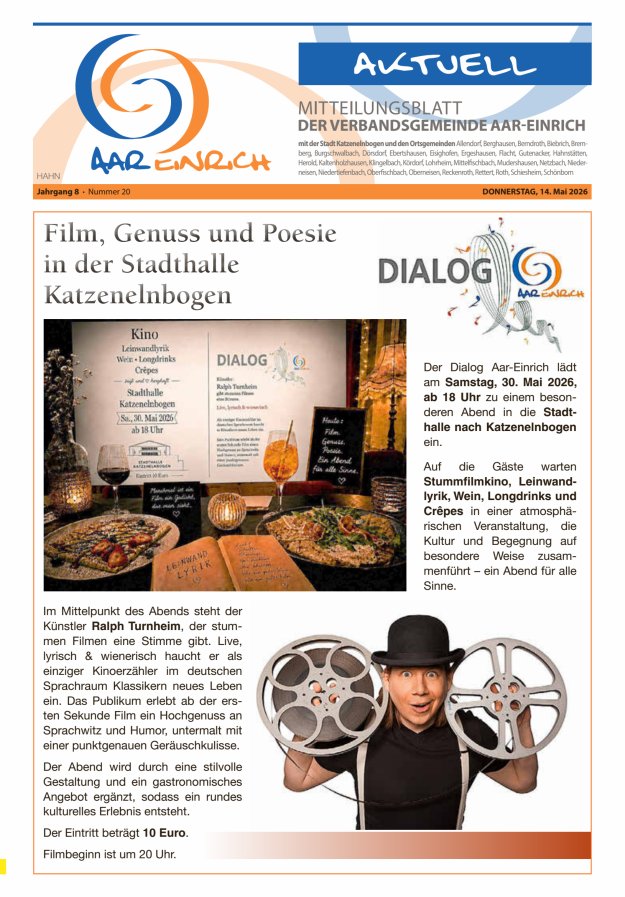 Mitteilungsblatt der Verbandsgemeinde Aar-Einrich Ausgabe Hahnstätten Titelblatt 20/2026
