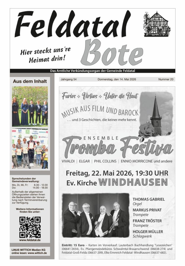 Das Amtliche Verkündungsorgan der Gemeinde Feldatal Titelblatt 20/2026