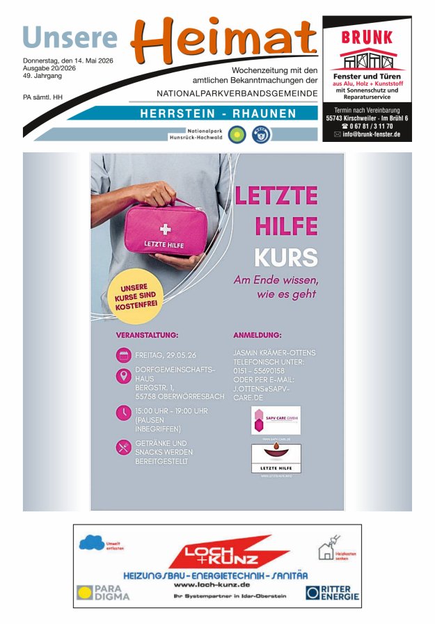 Unsere Heimat VG Herrstein-Rhaunen Titelblatt 20/2026