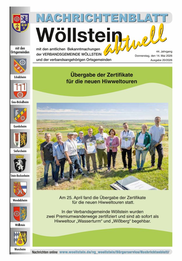 Nachrichtenblatt Wöllstein aktuell Titelblatt 20/2026