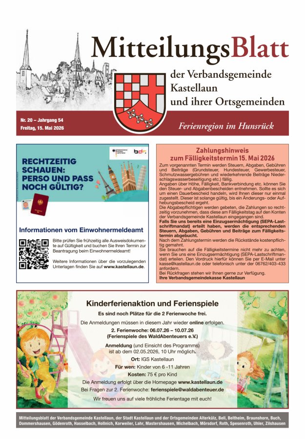 Mitteilungsblatt Kastellaun Titelblatt 20/2026
