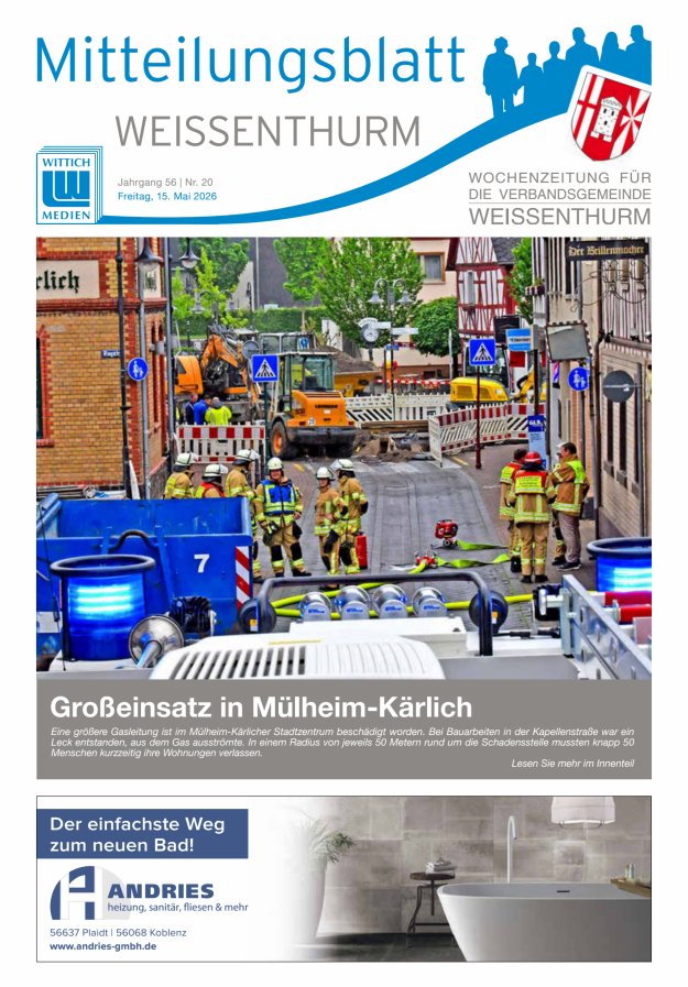 Mitteilungsblatt für den Bereich der Verbandsgemeinde Weißenthurm Titelblatt 20/2026