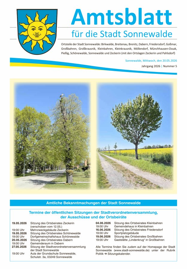 Amtsblatt für die Stadt Sonnewalde Titelblatt 05/2026
