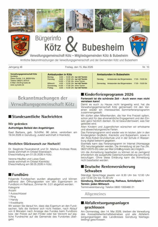 Amtsblatt der VG Kötz und der Mitgliedsgemeinden Titelblatt 10/2026