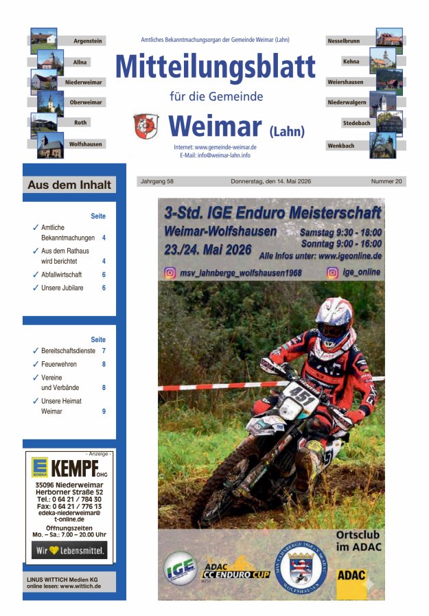 Mitteilungsblatt für die Gemeinde Weimar Titelblatt 20/2026