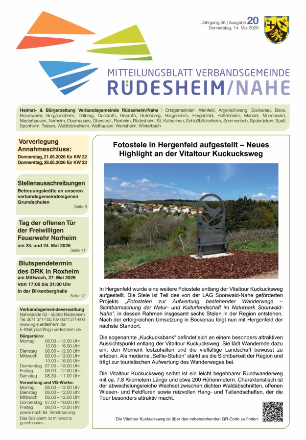 Mitteilungsblatt Verbandsgemeinde Rüdesheim und zugehörige Ortsgemeinden Titelblatt 20/2026
