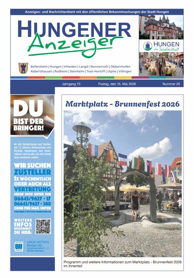 Anzeigen- und Nachrichtenblatt mit den öff  Bekanntmachungen der Stadt Hungen Titelblatt 20/2026