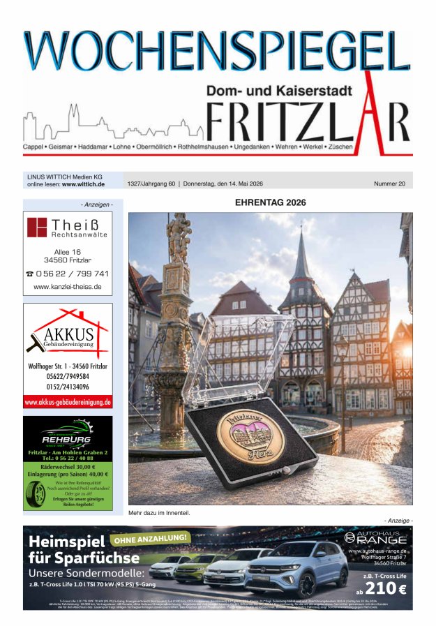 Wochenspiegel Dom- und Kaiserstadt Fritzlar Titelblatt 20/2026