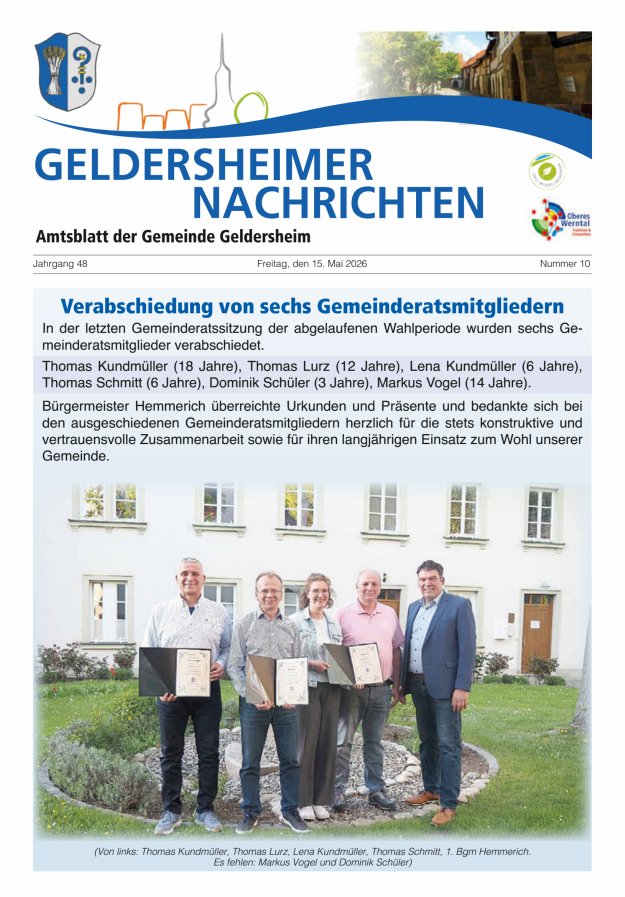 Geldersheimer Nachrichten Amtsblatt der Gemeinde Geldersheim Titelblatt 10/2026