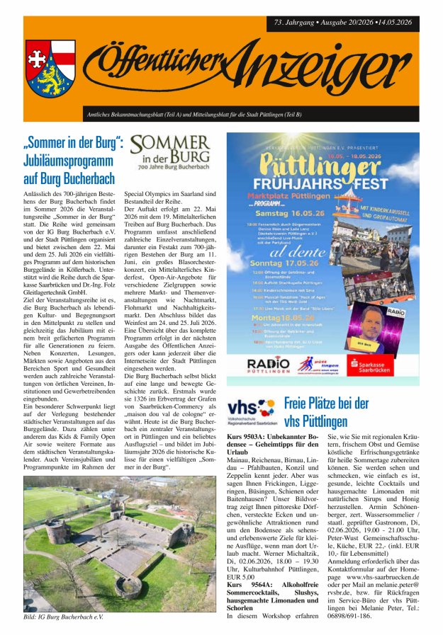 Öffentlicher Anzeiger - Stadt Püttlingen Titelblatt 20/2026