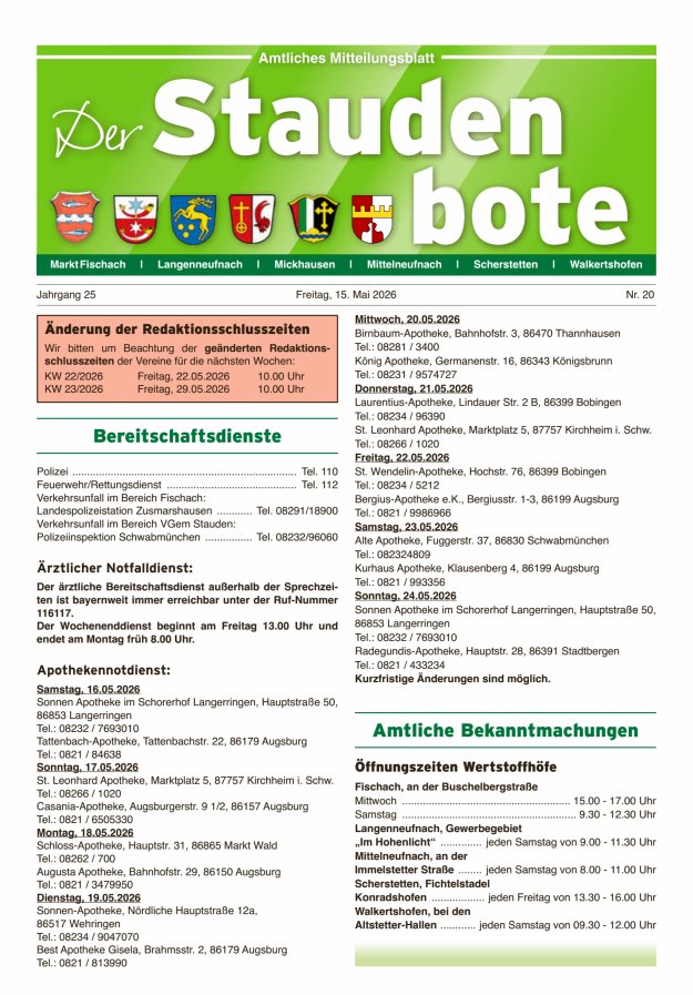 Staudenbote Amtliches Mitteilungsblatt Titelblatt 20/2026