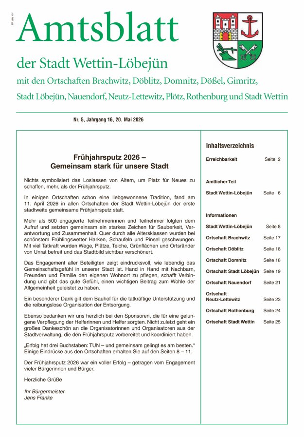 Amtsblatt der Stadt Wettin-Löbejün mit den Ortsteilen Titelblatt 05/2026