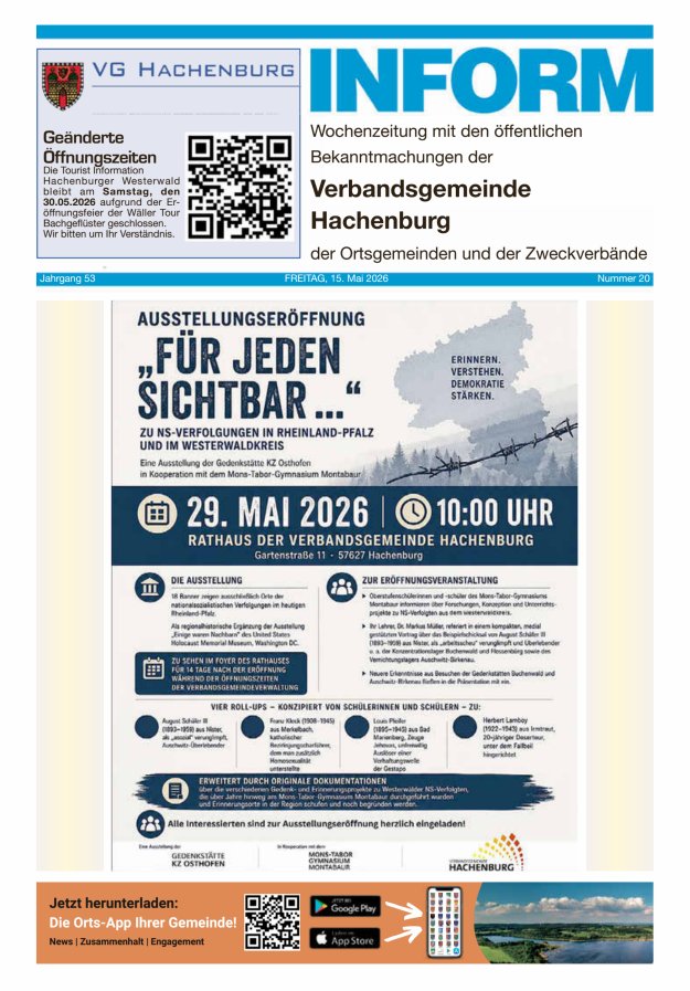 INFORM - Wochenzeitung der Verbandsgemeinde Hachenburg Titelblatt 20/2026