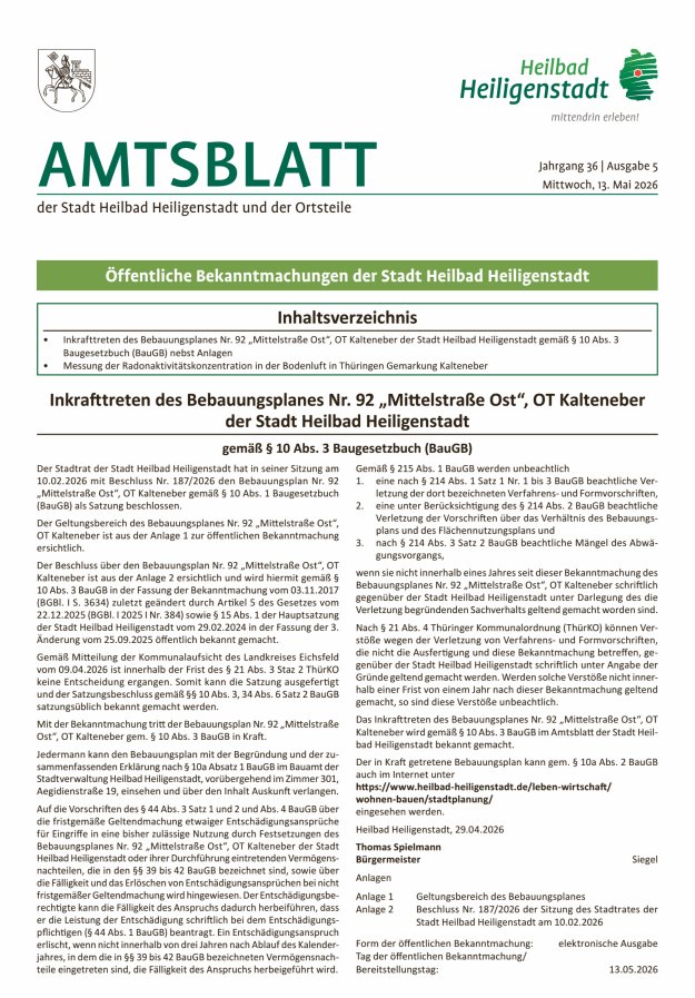Amtsblatt der Stadt Heiligenstadt Titelblatt 05/2026