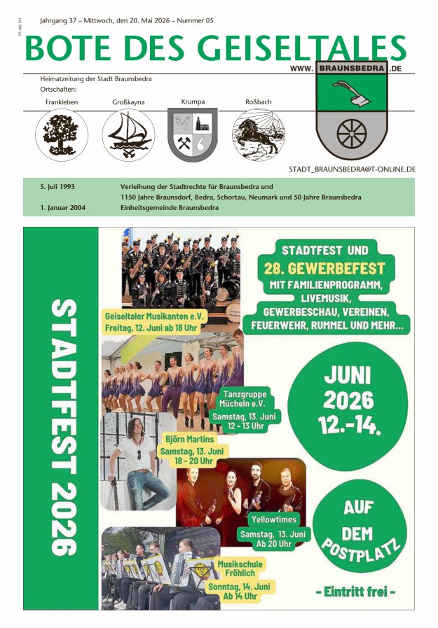 Bote des Geiseltales - Heimatzeitung der Stadt Braunsbedra Titelblatt 05/2026