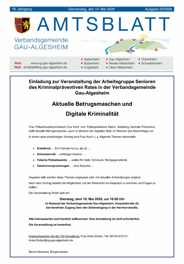 Amtsblatt der VG Gau-Algesheim Titelblatt 20/2026