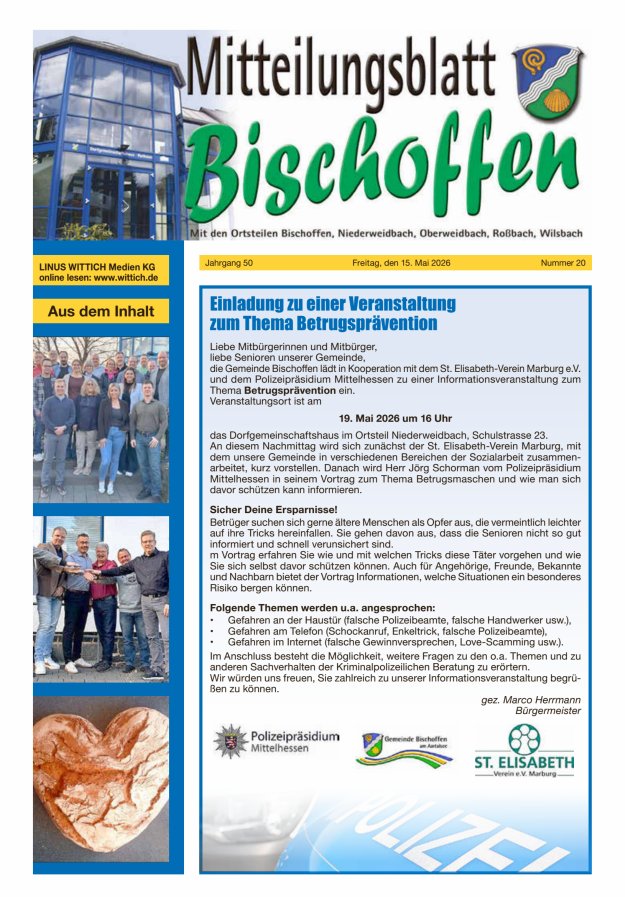 Mitteilungsblatt für die Gemeinde Bischoffen Titelblatt 20/2026