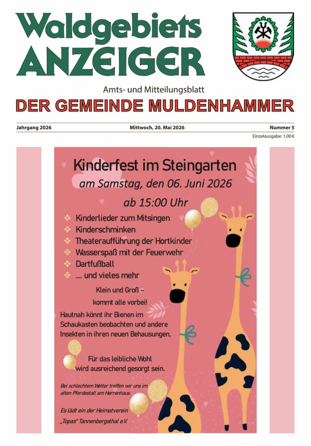 Waldgebietsanzeiger der Gemeinde Muldenhammer Titelblatt 05/2026