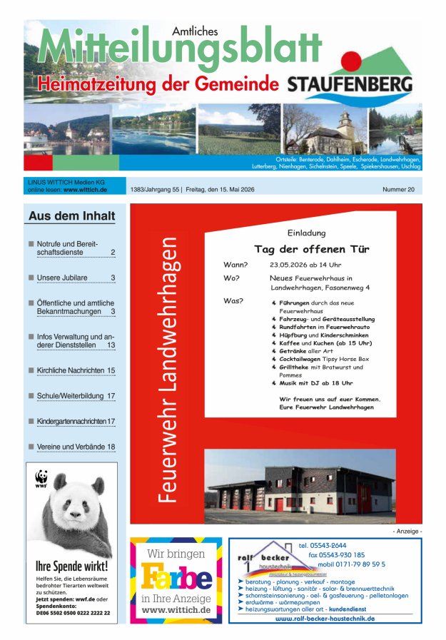 Heimatzeitung der Gemeinde Staufenberg Titelblatt 20/2026