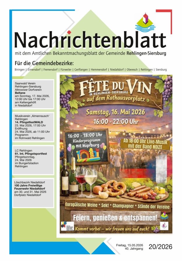 Nachrichtenblatt Rehlingen-Siersburg Titelblatt 20/2026