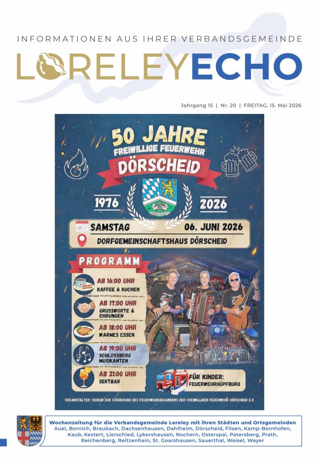Loreley-Echo - Mitteilungsblatt der Verbandsgemeinde Loreley (Braubach) Titelblatt 19/2026