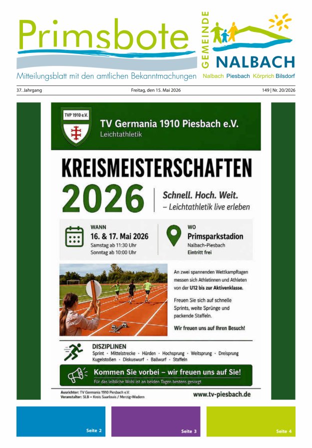 Primsbote Gemeinde Nalbach Titelblatt 20/2026
