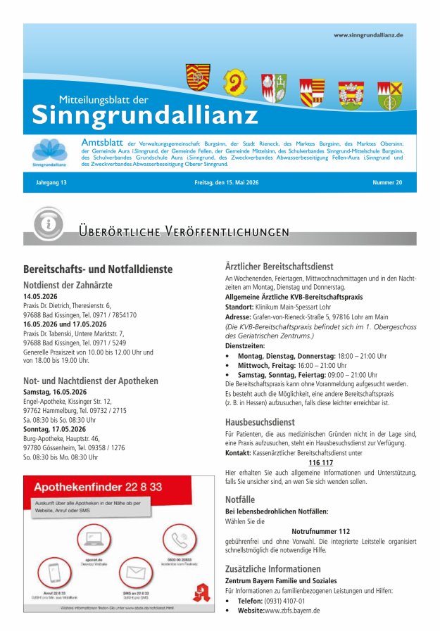 Mitteilungsblatt der Sinngrundallianz Titelblatt 20/2026
