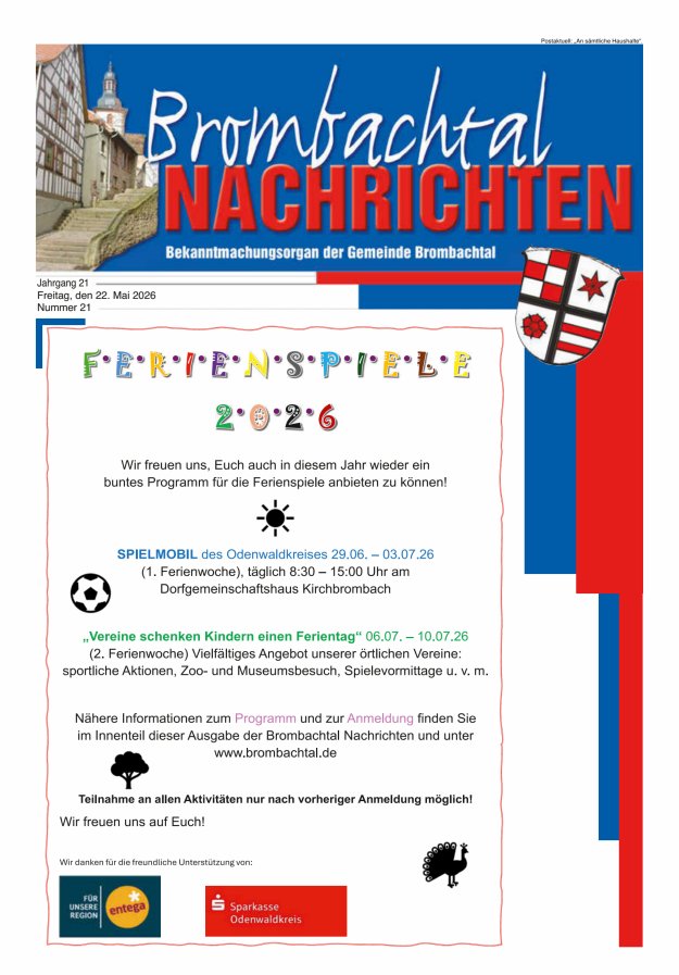 Brombachtal-Nachrichten Amtsblatt der Gemeinde Brombachtal Titelblatt 21/2026